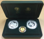 ONE HUNDRED DOLLARS:&nbsp;'The Sydney 2000 Olympic Silver Coin Collection' (#1602) cased set comprising gold $100 'Achievement - Stadium' 10.021g 99.99% plus silver $5 'Harbour of Life - Water' and 'Platypus / Water Lily' each 31.6g 99.9%.&nbsp;