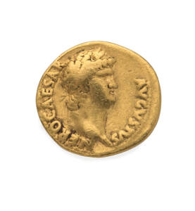 NERO AD 54-68, Gold Aureus, (7.05g 18mm) Struck AD 64-65, Sear #1928 RIC #48, 'NERO CAESAR AVGVSTVS' laureate head facing right, rev. 'CONCORDIA [AVGVSTA]' Concordia seated left holding patera and cornucopiae, gFine. 