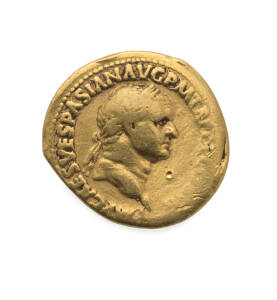 VESPASIAN AD 69-79, Gold Aureus, (7.03g 18mm) Lugdunum (Lyon) AD 71, Sear #2242 RIC #297 'IMP CAES VESPASIAN AVG P M TR [P P P COS III]' laureate head facing right, rev. 'PACI AVGVSTI', Nemises advancing right, drawing out fold of dress at neck, holding c