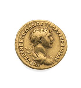 TRAJAN AD 98-117, Gold Aureus, (7.08g 18mm) AD 117, Sear #3100 RIC #329, 'IMP CAES NER TRAIAN OPTIM AVG GERM DAC' laureate draped and cuirassed bust of Trajan right, rev, 'PARTHICO P M TR P COS VI PP SPQR' radiate and draped Sol facing right, gVF.