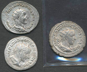 GORDIAN III 238-244 AD, AR Antoninianus, obv. radiate draped bust right,  'IMP GORDIANVS PIVS FEL AVG' rev. 1) Sear #8612 RIC 143, 'FORT REDUX', Fortuna seated left with rudder & cornucopiae, wheel beneath, F,  2) Rome, S#8614 RIC 147, 'MARTEM PROP[VGNATO