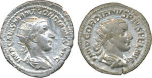 GORDIAN III, Silver Antoninianus, 1) S #8637, 'IMP CAES M ANT GORDIANVS AVG', radiate, draped bust right rev. 'P M TR P II COS P P', Gordian, togate, standing left with wand sacrificing from patera over lit altar, and 2) S #8648, rev. Apollo seated holdin