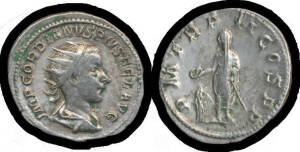 GORDIAN III, struck AD 240-244, AR Antoninianus (4.48g, 23 mm)  Sear #8637 RIC 37, Rome, 'IMP GORDIANVS PIVS FEL AVG' radiate draped bust right, rev. 'PM TR P II COS PP' emporer sacrificing over tripod , gVF.