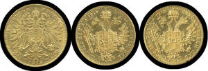 AUSTRIA: 1915 (Restrikes), 20 corona and Trade Coinage, ducat x2, ex-mounted, agw 12.98g.