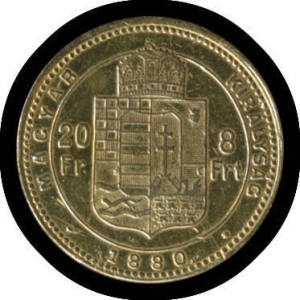 HUNGARY: Trade Coinage, 1880 8frt 20f, KM #455.1, agw 5.8g, polished.