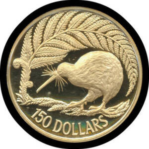 NEW ZEALAND: $150 1990 Kiwi and Fern gold Proof, (cert #398) ½oz .999 pure.