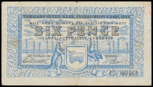 INTERNMENT CAMPS: HAY - SIX PENCE, blue and black, Campbell #1212a, Mendel / Stahl serial 'C 40461', quarter folds with soiling on front and back, Fine, McDonald Cat $9000.