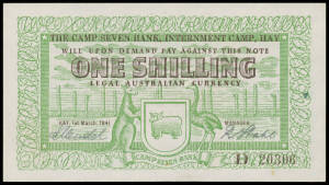 INTERNMENT CAMPS: HAY - ONE SHILLING: 1/- green and black, Campbell #1213a, E. Mendel/R. Stahl serial 'D 20306', EF. McDonald Cat $27000.