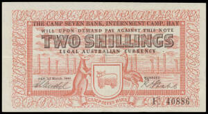 INTERNMENT CAMPS: HAY - TWO SHILLINGS: 2/- red and black, Campbell #1214a, M. Mendel/R.Stahl serial 'E 40886', quarter folds, VF. McDonald Cat $16,750.