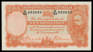 TEN SHILLINGS: 10/- orange Riddle/Sheehan McDonald #19 R #11, serial 'D/82 932635', EF, Cat $2500. 