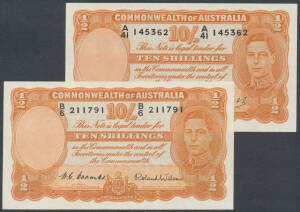 TEN SHILLINGS: 10/- orange Coombs/Watt  McD #22 'A/41 145362' and Coombs/Wilson McD #23, 'B/6 211791', both with ironed centre crease, EF.