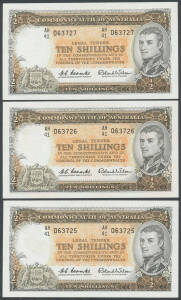 TEN SHILLINGS: 10/- Coombs/Wilson Reserve Bank, McD #25 consecutive run of 3, 'AH/41 063725-7', Unc. 