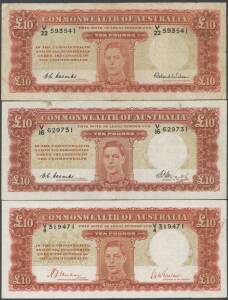 TEN POUNDS: £10 Signature Group with KGVI Sheehan/McFarlane McDonald #81 prefix 'V/4' Coombs/Watt McD #83, Coombs/Wilson McD #84a, First Prefix 'V/22' QEII (Gov. Phillip) McD #85 Commonwealth Bank 'WA/22' and McD #86 Reserve Bank 'WA/47', condition varied