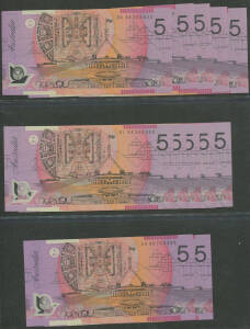 1993-2001 $5 Polymer first, last and general prefixes in Vort-Ronald album pages including Fraser/Cole First Prefix 'AA00' x4, Fraser/Evans Red Serial 'AA94 000830' and Green Serial 'AA94 006099' from collector folders, etc. virtually all Unc. 