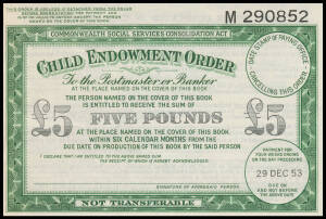 £5 Child Endowment Order booklet, containing two five pound orders printed on Wmk CofA paper dated '1 Dec 53' and '29 DEC 53', EF/aUnc.