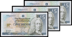 GREAT BRITAIN: £1 G.B. Page prefix 'CX49' sequential run of 4, D.H.F. Somerset 'CZ35' run of 5, Royal Bank of Scotland £5 commemorative folders with 2004 Royal & Ancient Golf Club overprint, prefix 'R&A' and 2005 Jack Nicklaus overprint sequential run of 