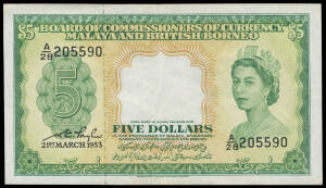 MALAYA AND BRITISH BORNEO: $5 '21st MARCH 1953' Board of Commissioners of Currency / Malaya and British Borneo x2 gVF, centrefolds otherwise crisp notes, also $1 '1st MARCH 1959' x2 aVF.