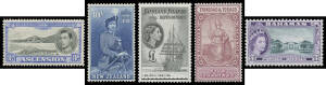 British Commonwealth range with GB Wedding £1; Ascension Jubilee set, KGVI 3d SG 42 + Perf 13 2/6d 5/- & 10/-; Bahamas 1954 Pictorials; Falkland Dependencies Ships 10/- & £1; Gambia 1938-46 & 1953-59 sets; Jamaica KGVI £1; New Zealand QEII 2/6d to 10/-; T