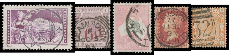 Four old-time albums with some better used items noted including Queensland QV to £1, Victoria 2d Queen-on-Throne, Laureates to 8d, City Express Messenger Despatch Stamp, Roos including CofA 10/- grey & "aniline" pink, KGV Heads to 1/4d, Kooka M/S *, GB