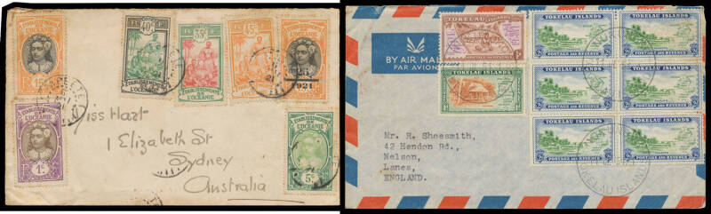 Pacific Islands covers 1900s-1980s including Cocos 1975 airmail to Switzerland, Cook Islands 1965 Matson Lines airmail to Australia, Fiji with airmails, taxed and 1955 KGVI 5d x2 registered cover to Australia, Gilberts 1935 KGV 1½d red with untidy 'OCEAN