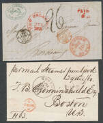 Five attractive trans-Atlantic pre-stamp/stampless entires with very fine markings (one to Holland), 1863 American Civil War 'CERTIFICATE OF EXEMPTION...ON ACCOUNT OF DISABILITY', Boer War cover from 'PETRUSBURG' to Green Point Prisoners of War Camp, and - 2