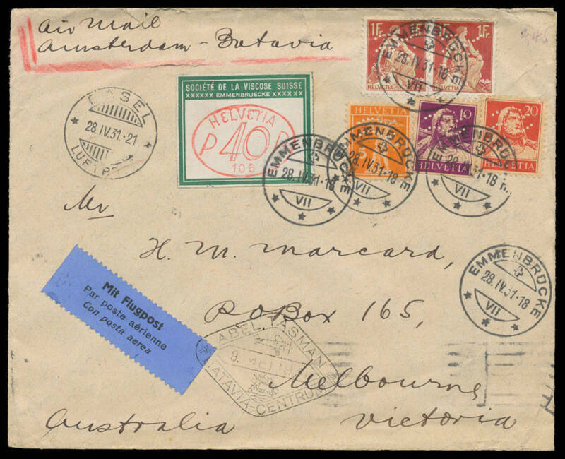 Mostly foreign mail to Australia with strong 1930s to WWII content from Europe including Spanish Civil War censor mail, 1931 from Switzerland with perfins to 1fr x2, 1938 airmail from Eritrea, WWII cnesored airmails from Costa Rica & Yugoslavia, etc, also