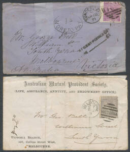 1860s-90s mostly scruffy little group of covers to Victoria from GB x12 (three with '1s/MORE TO PAY' h/s of Melbourne) or Canada x2 (one with a stamp missing), and internal Victorian covers x4 (one with handstruck 'GOVERNOR OF VICTORIA' Frank Stamp in vio