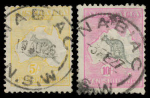 Australia & World stamps in old-time suitcase mostly used in albums and envelopes, a few earlier but mainly from KGV period to modern with potential varieties and postmark interest, noted Kangaroos 5/- and 10/- Third Watermark with nice 'NABIAC/NSW' d/s (