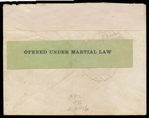 Mostly military/wartime covers with a few World War I including 1916 OAS from Tanganyika (?) with black/green 'OPENED UNDER MARTIAL LAW' label across the flap; World War II including Australian War Savings booklet with "Spitfire" 6d x15 affixed within, Au