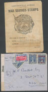 Mostly military/wartime covers with a few World War I including 1916 OAS from Tanganyika (?) with black/green 'OPENED UNDER MARTIAL LAW' label across the flap; World War II including Australian War Savings booklet with "Spitfire" 6d x15 affixed within, Au - 3