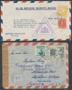 Mostly military/wartime covers with a few World War I including 1916 OAS from Tanganyika (?) with black/green 'OPENED UNDER MARTIAL LAW' label across the flap; World War II including Australian War Savings booklet with "Spitfire" 6d x15 affixed within, Au - 4