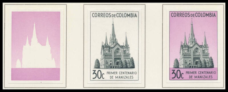THEMATICS: Colombia 1952 Cathedral of Manizales Courvoisier imperforate colour separations for 23c & 30c denominations in various shades, all affixed to the official Archival album pages [#102, 118 & 119] dated 11/7/1951 & 26/3/1952. (30 proofs)