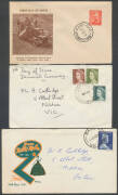 Box of First Day Covers with Australia 1948-63 duplicated range including Wesley & Royal types; also AAT; Norfolk Island; Anguilla 1975 $10 Definitive; Antigua; Barbuda; Canada; Fiji 1965 ITU, Great Britain 1965 Parliament Phosphor registered x2; New Hebr - 2