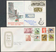 Box of First Day Covers with Australia 1948-63 duplicated range including Wesley & Royal types; also AAT; Norfolk Island; Anguilla 1975 $10 Definitive; Antigua; Barbuda; Canada; Fiji 1965 ITU, Great Britain 1965 Parliament Phosphor registered x2; New Hebr - 3