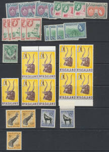 AFRICA: Nyasaland 1953 2/- x5, 2/6d x4, 5/- x4, 10/- x3, & 20/-, 1963 ½d - £1 part-sheets, (20+ sets), 1964 large-blocks to 5/- and blocks of 4 to £1; South Africa 1954 to 10/-, 1961 New Currency including R1 x16, Republic 1961 to R1, also Postage Dues, s