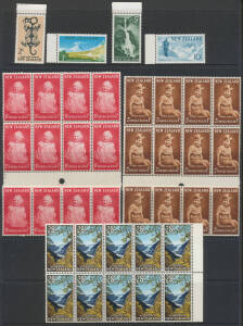 NEW ZEALAND: 1952-75 duplicate sets and blocks of four in envelopes including Health issues, definitives, imprint blocks, plate blocks, reprints, watermark and gum varieties, CTO and used; also issues for Cook Islands; Niue; and Tokelau including blocks o