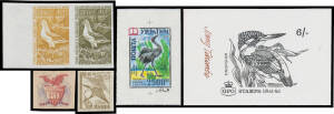 BIRDS: Array of mostly modern proofs with original stamp-size artwork for Kyrgyzstan (?) x2; die proofs for GB booklet covers x2 & French Territories x3; plate proofs including USA 1869 30c, French Antarctic 20f Albatross & 50f Penguins pairs, Monaco impe
