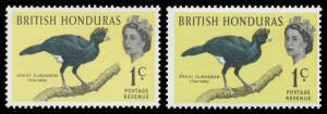 BIRDS: British Honduras 1962 1c Curassow with Orange-Yellow (Knob on Beak) Omitted SG 202a, lightly mounted, Cat £800 (**). With a normal unused stamp for comparison.