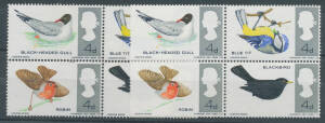BIRDS: Great Britain 1966 4d setenant block of 4 with Brown Printing (Legs on the Robin & Blackbird) Omitted, unmounted, Pierron Cat &pound;275.