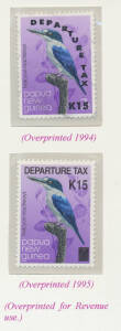 BIRDS: Papua New Guinea group with two different types of meters, 'DEPARTURE TAX' 15k on 7t Curved Opt x2 different (one on airline ticket) & Straight-Line Opt, etc, also 1937 & 1938 registered New Guinea covers with 'OS' Overprints by sea to GB with 5d o
