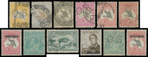 Collection in Seven Seas album with Roos including First Wmk to 5/- + Large 'OS' to 2/-, Second Wmk set + set punctured 'OS', Third Wmk to £1 (both) + punctured 'OS' to 10/- x3 (one commercially used), SMult Wmk £2 & 'SPECIMEN' duo, CofA Wmk set etc, KG