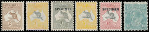 1913-65 Collection in Seven Seas hingeless album with Roos including First Wmk 6d to 2/-, Third Wmk 5/- & £1 grey Type C 'SPECIMEN' (**), SMult Wmk 5/- & £2 with 'SPECIMEN' Overprint, etc; KGV with Single Wmk 4d lemon & 1/4d perf 'OS', SMult Wmk Perf 14 s