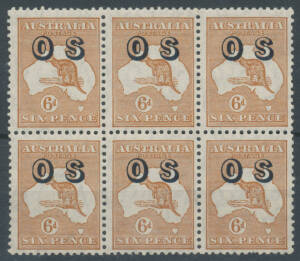 Selection of Kangaroos with mint including First Wmk 2½d x4, SMult Wmk punctured 'OS' 9d & 5/- (CTO with large-part o.g.) and CofA Wmk 6d overprinted 'OS' unmounted block of 6, etc, also a few used & a few KGV Heads, condition variable.
 (29)