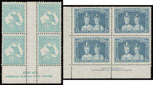 Blocks of 4 with Kangaroos SMult Wmk 6d & 1/- and CofA Wmk 6d, KGV SMult Wmk 4d imprint and CofA Wmk 3d & 5d imprints, Kookaburra M/S x2 (both stained), Large Lyrebird & Large Kookaburra, Macarthur imprints including 2d Dark Hills, Vic Centenary imprints,