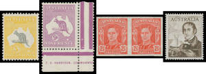 Quality two-volume collection with a few Kangaroos including Third Wmk 9d with large-part Harrison One-Line Imprint, 1/- Mullett Imprint pair (*) & 5/- (**), Engraved 6d, handy KGV with many blocks of 4 & a few varieties, Canberra booklet, WA Centenary se
