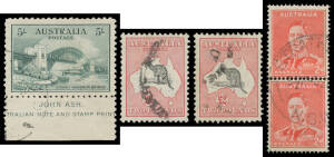 Duplicated array with many better items including Roos SMult &pound;2 and CofA Wmk &pound;1 & &pound;2 x2, KGV 1d green Die II block of 4 with Exhibition datestamp & CofA Wmk 1/4d strip of 3 x2, Plate Number singles 3d Airmail '1' to '4', Sturt 1&frac12;d '1' & '3' and Jubilee 2d
