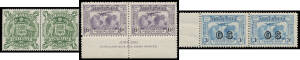Mostly pre-decimals on Hagner pages including Kingsford Smith 2d & 3d overprinted 'OS' pairs (no certificate), many unmounted including Large Kookaburra imprint pair, Robes set, Arms &pound;2 pair & &pound;sd Navigators pairs; then a few early Decimals with AAT 1966 