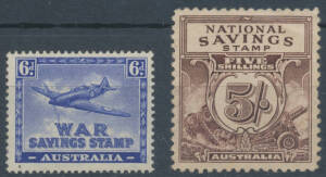 REVENUES: WWII War Savings 6d (Perf 14) & 5/-, no gum. (2)