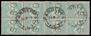 Blocks of 4 comprising First Wmk 1d & a block of 8; Third Wmk 3d x2 & a block of 6, 6d brown punctured 'OS' & 1/- x2; SMult Wmk 6d punctured 'OS', 6d overprinted 'OS' (CTO), 1/- x3 & 1/- punctured 'OS' block of 8; and CofA 2/- & 5/- (CTO); a few small pro