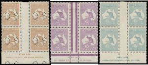 John Ash imprint blocks of 4 comprising Third Wmk 6d brown upper & lower plates (pairs only) & 9d Die IIB upper plate, SMult Wmk 6d lower plate x2 (one punctured 'OS'), 9d Plate 3 first state & 1/- upper plate; and CofA 6d (pair only) & Plate 3 both state